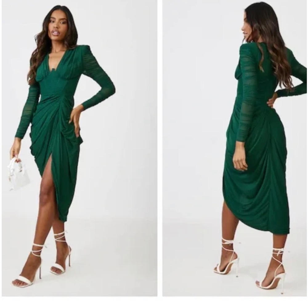 Emerald Green Mesh Ruched Long Sleeve Draped Midi Dress Size 10
